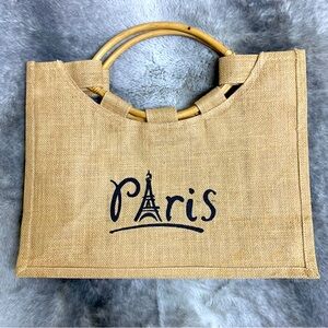 PARIS Burlap Tote Satchel Bag With Wood Handles